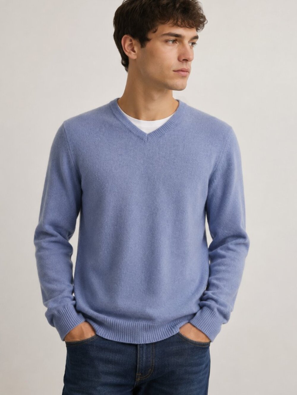 PAOLO MONDO Mens Luxury V Neck Sweater 90 Merino Wool 10 Cashmere‎ Blue L